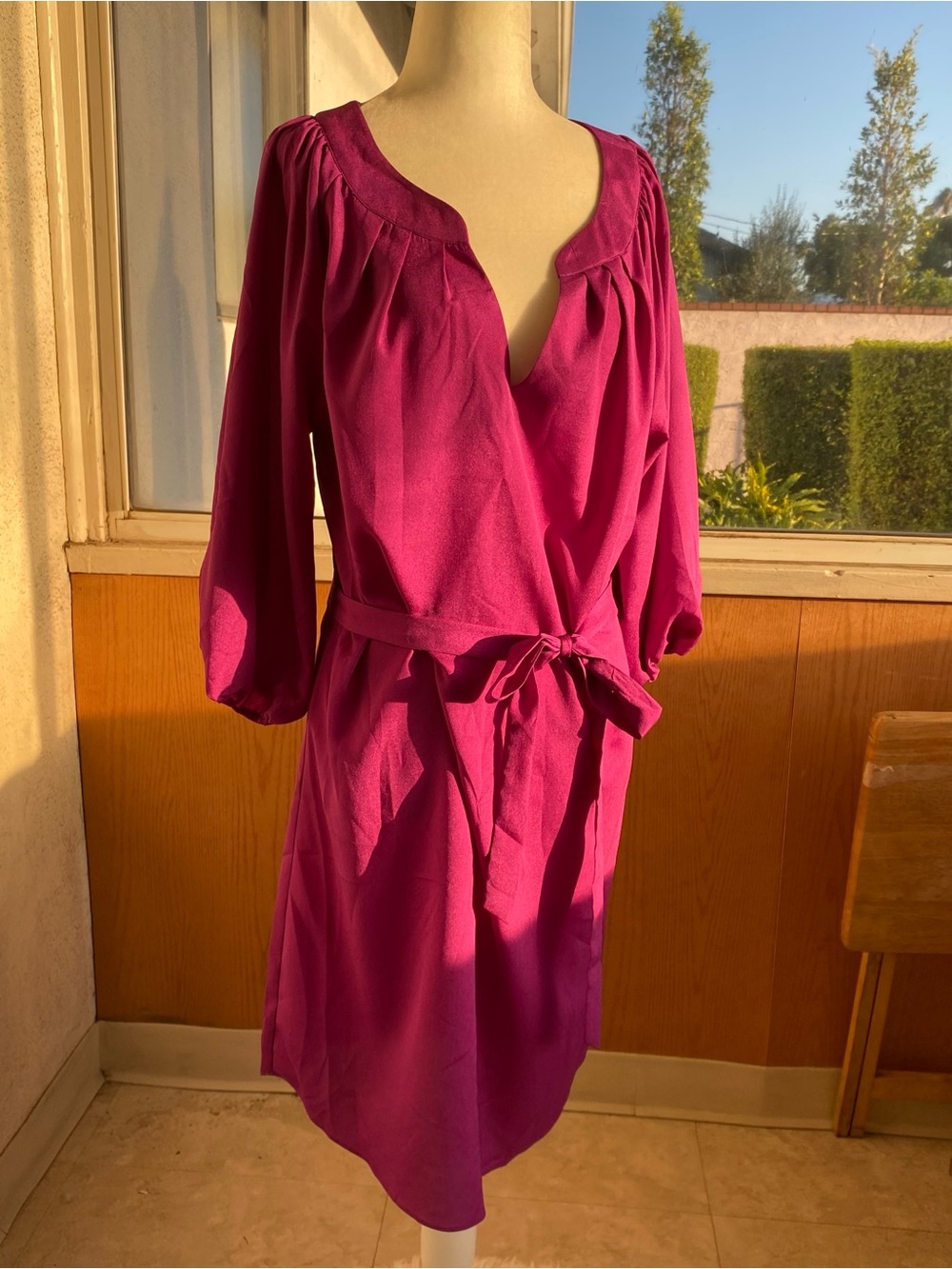 Boutique Fushia Tie Waist Shift Dress Medium 3/4 Balloon Sleeve